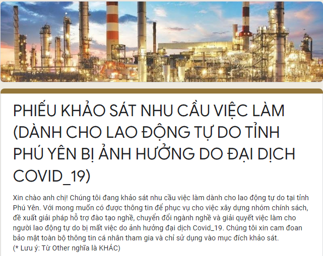 Khảo sát nhu cầu việc làm dành cho lao động tự do tỉnh Phú Yên bị ảnh hưởng do đại dịch Covid-19