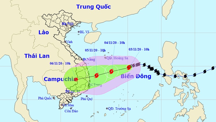 Hướng đi của cơn bão số 10 trên biển Đông.