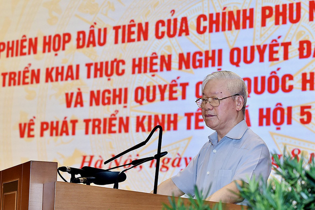 Tổng Bí thư Nguyễn Phú Trọng phát biểu tại phiên họp của Chính phủ sáng 11/8. Ảnh: VGP