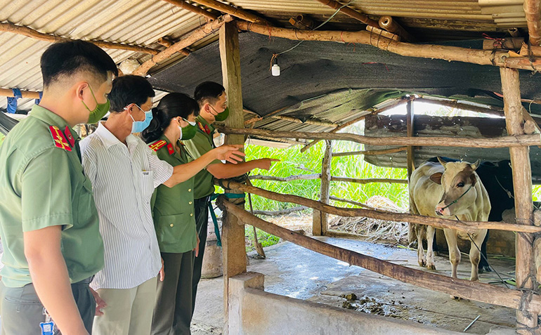 Anh N.T.Đ (thứ hai từ trái sang) đưa các đoàn viên thanh niên Công an tỉnh tham quan mô hình nuôi bò phát triển kinh tế của mình. Ảnh: CTV