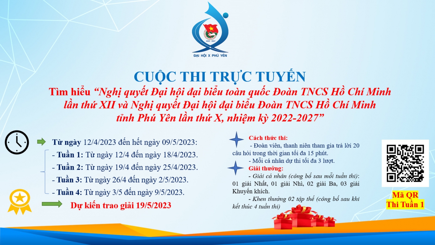 Thông báo kết quả Tuần 1 - Cuộc thi trực tuyến tìm hiểu “Nghị quyết Đại hội Đoàn toàn quốc lần thứ XII, Nghị quyết Đại hội đại biểu Đoàn TNCS Hồ Chí Minh tỉnh Phú Yên lần thứ X, nhiệm kỳ 2022 - 2027”