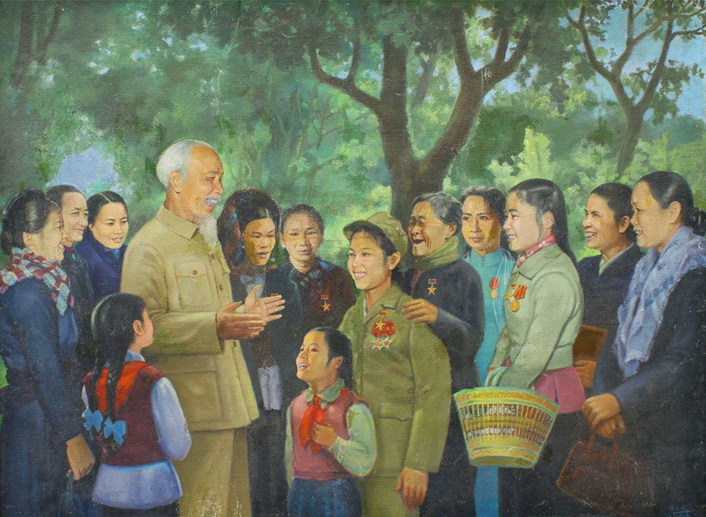 “Bác Hồ với nữ chiến sĩ thi đua miền Bắc”, tranh sơn dầu (1967) của họa sĩ Vương Trình _Nguồn: Bảo tàng Mỹ thuật Việt Nam